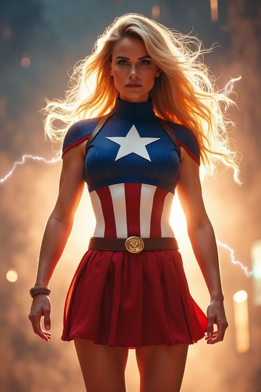 Promotional photo of a female superhero in an empowering pose. Character wears red white and blue costume reflecting national colors. Flowing blond hair gives a dynamic look. Background features dramatic lighting effects. Super powered ambiance with lightning bolts creating tension. The photo captures the essence of strength and confidence.