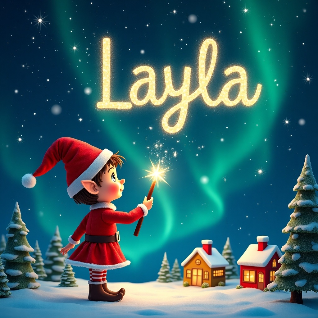 Elf uses magical wand to write name Layla in sparkling letters. Elf gazes at magical sky wearing vibrant red outfit and pointed hat. Holds glowing wand and writes in shimmering letters. Below, charming landscape features little houses and evergreen trees illuminated by enchanting Northern Lights. Creates atmosphere rich in childhood magic and Christmas spirit.