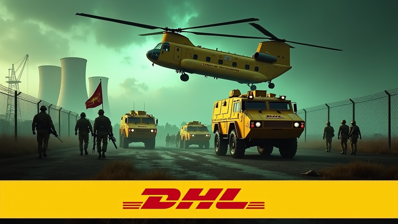 In a dramatic scene, several yellow armored vehicles drive up to a fence. The armored vehicles are painted with the DHL logo. Nearby, several soldiers holding rifles are seen marching together in unison. One soldier stands valiantly holding a flag with the DHL logo. In the background, we can see a nuclear power plant. The sky is illuminated by an evil green glow, and a large Chinook cargo helicopter with the DHL logo flies above, adding to the intensity of the scene. At the bottom, we see the DHL logo, displayed in bold, yellow text.