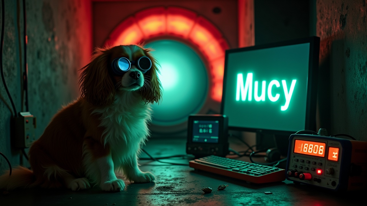 In a dark and eerie bunker, a fluffy Cavalier King Charles Spaniel is sitting next to a glowing portal to another dimension. The dog is wearing welding goggles. Next to the dog, there are oscilloscopes and multimeters displaying signals. A bright red emergency alarm lights up the background, adding to the eerie industrial atmosphere, while highlighting the dog's expressive face. This image perfectly blends technology, discovery, and pet companionship. On a computer screen, we see the text 'Mucy', clearly written, in a glowing green font.