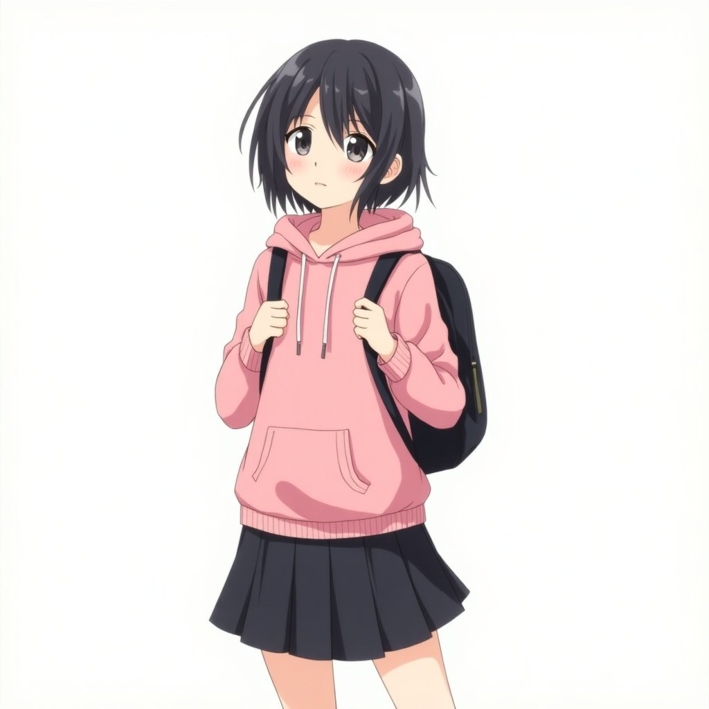 Illustration features young girl with short dark hair in pink hoodie and black pleated skirt. She carries a backpack, standing casually before or after school. The style is anime with bright colors and clean lines.