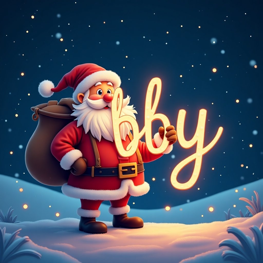 Christmas theme with Santa writing name Abby in glowing colorful font. Background shows a winter night sky. Santa wears a red outfit with a big bag. Letters glow brightly in front of him.