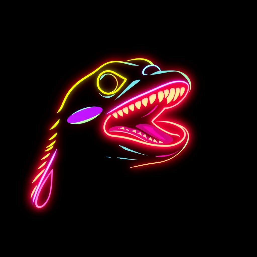 A vibrant neon sign of an open-mouthed dinosaur with bright yellow, pink, and blue hues against a black background.