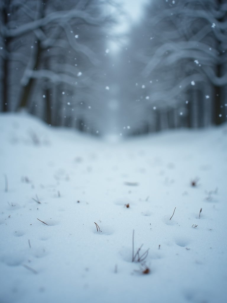 Close-up photo captures snow-covered ground. Gentle snowfall fills the air. Soft lighting enhances the winter atmosphere. Film effect contributes to the artistic quality.