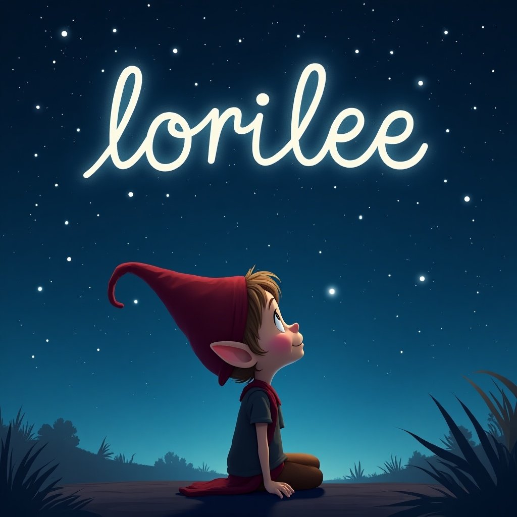 This image features a cartoon elf character sitting down while gazing up into a starry night sky. The elf has a whimsical look, with pointy ears and a playful expression. Above the elf, the name 'lorilee' is beautifully written, appearing as if made of stars. The background is a deep blue with twinkling stars scattered throughout, adding to the magical feel. The elf's playful attire includes a cozy cap, completing the enchanting atmosphere of the scene.