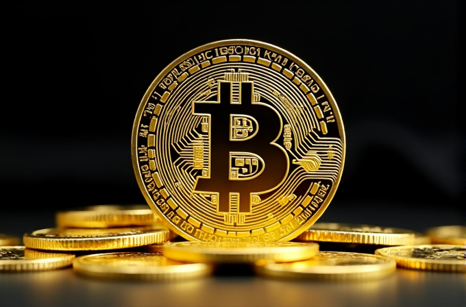 A Bitcoin symbol is prominently displayed on a golden coin, surrounded by more similar coins.