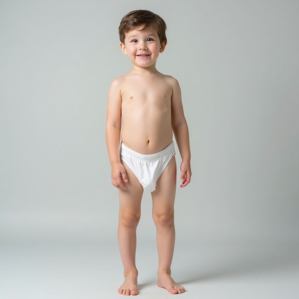 This image features a young boy standing upright against a light gray background. He is wearing white underwear. The lighting is soft and even. The boy's pose is confident and relaxed, showcasing playfulness and innocence. This style is minimalistic with focus on the subject.