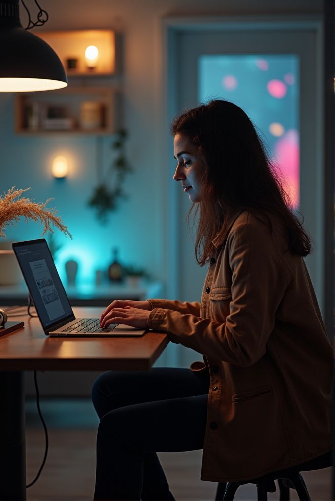 A woman works intently on her laptop in a softly lit, cozy room adorned with warm and blue ambient lights.