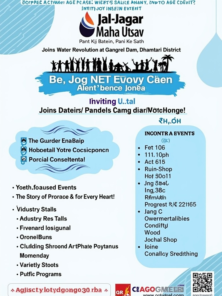 An event poster for the Jal-Jagar Maha Utsav, inviting visitors to join the Water Revolution at Gangrel Dam in the Dhamtari District. The design features silhouettes of people in celebration with palm trees, set against a blue and white color scheme, symbolizing water and unity. Various event details and pseudocode descriptions add to the festival atmosphere, highlighting stalls, programs, and activities.