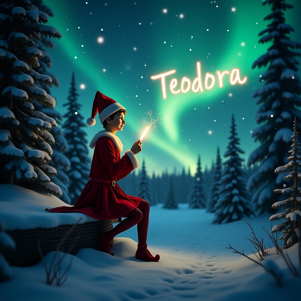 Traditional red elf on the shelf in a North Pole forest. Elf writes with glowstick wand the name Teodora in the sky. Northern lights illuminate the scene.