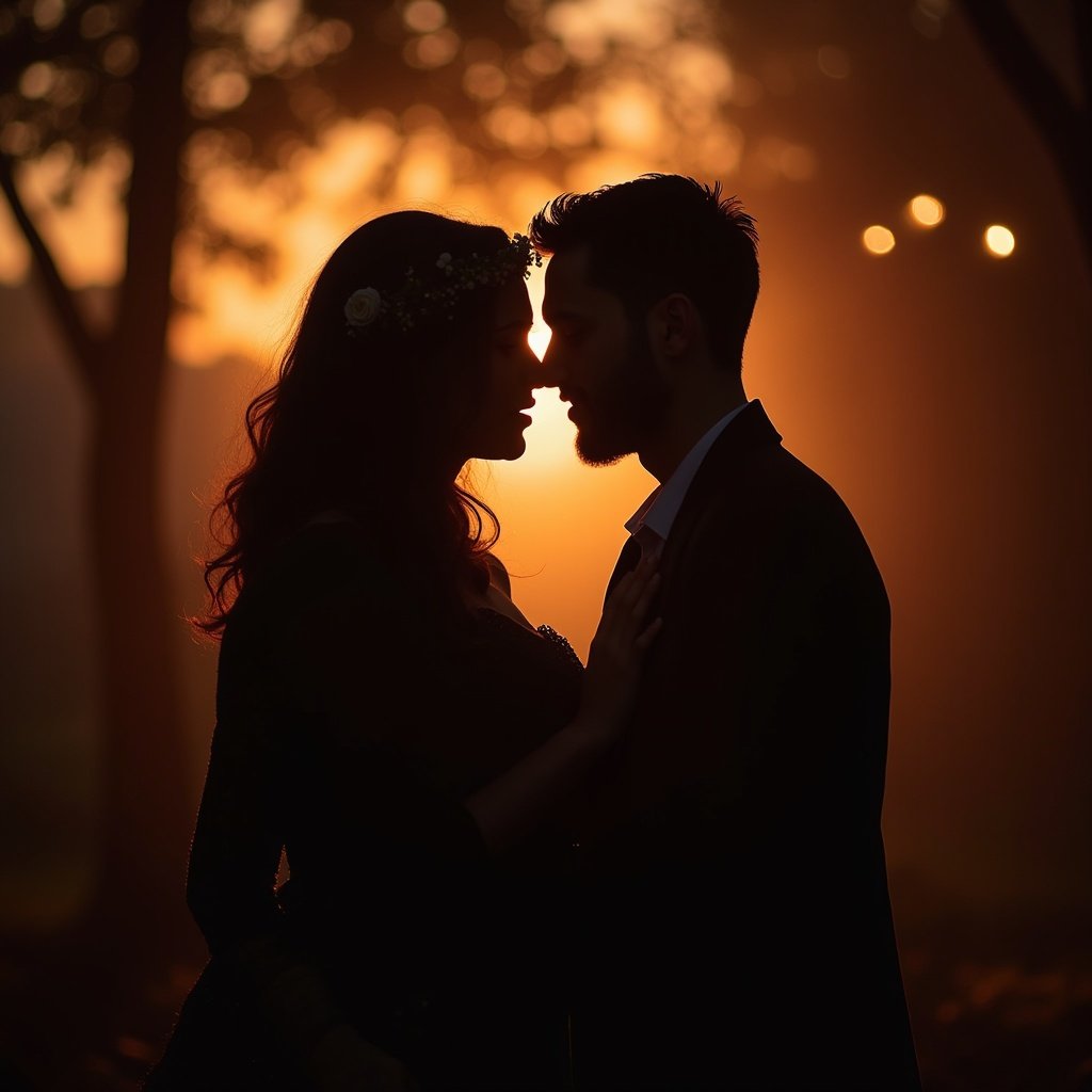 Romantic couple sharing a moment under soft glowing lights during sunset. The couple is silhouetted against a warm background. The ambiance looks intimate and peaceful.