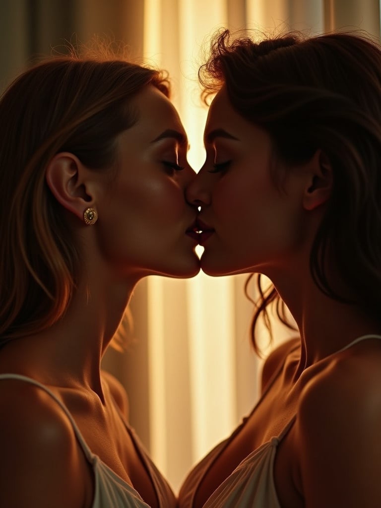 Two women engage in a passionate kiss under soft lighting. Warm light enhances intimate shared moment. Image shows deep affection in a romantic setting.