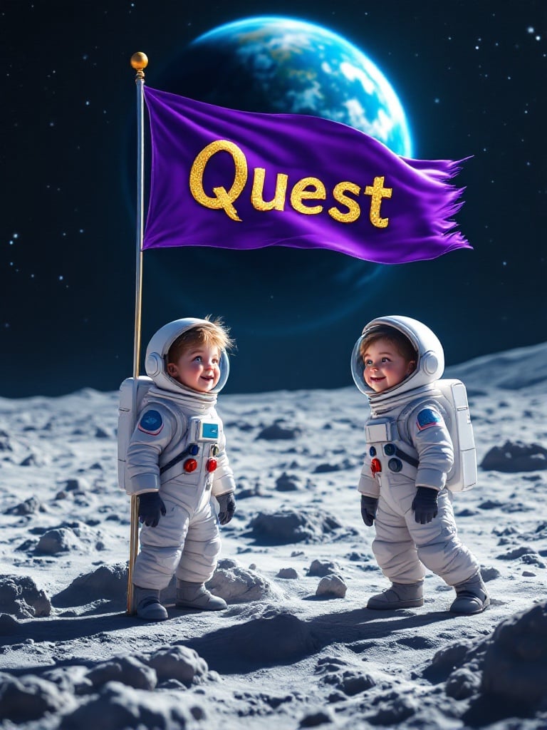 Two children in space suits stand on the moon. A purple flag with the word Quest flies. The backdrop shows Earth and stars. The scene depicts joy and accomplishment.