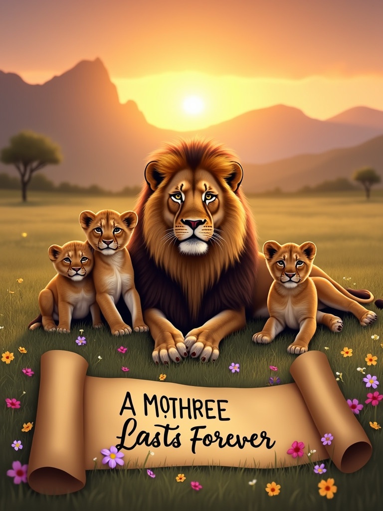 A lion lays with her three cubs. They sit in a grassy field. A sunset is in the background with mountains. There is a scroll in front of them. The scroll has the words A MOTHER'S LOVE LASTS FOREVER.