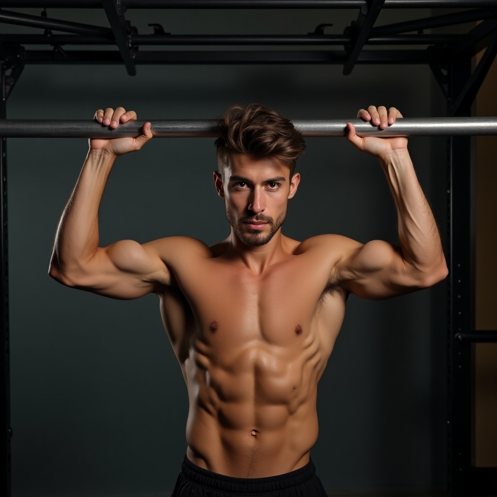 A young man holds onto a pull-up bar displaying strong muscles. He stands confidently with a self-assured expression. Lighting highlights the texture of his upper body. The image captures a moment of physical strength and aesthetic appeal.