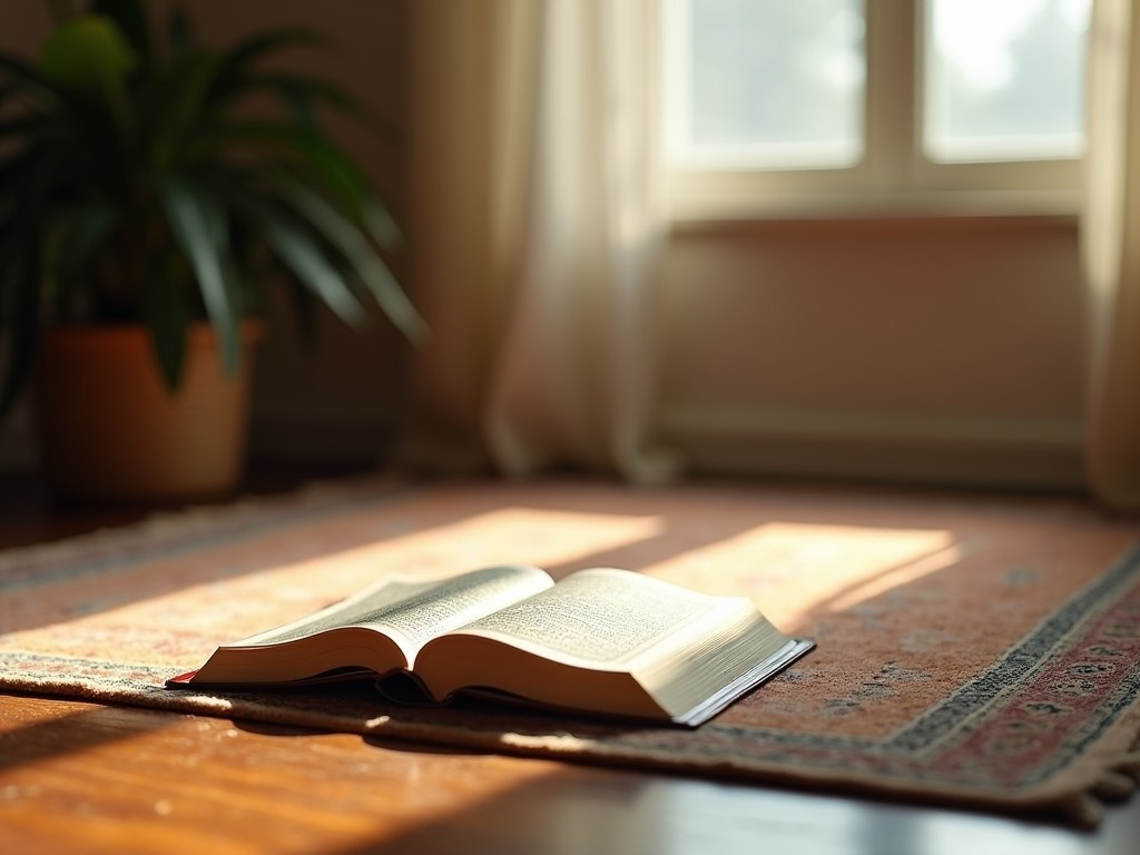 This image depicts a serene scene inside a house, showcasing a quiet room filled with natural light. A prayer rug lies on the floor, enhancing the tranquil environment. On the rug, there is an open Qur'an, inviting contemplation and reflection. The light filtering through the window creates a warm and peaceful ambiance. This setup could serve as a perfect spot for reading, meditation, or prayer.