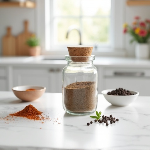Clean white marble kitchen counter with spices. Small bowls of cumin paprika black pepper. Minimalistic kitchen background. Soft natural daylight. Elegant cozy style. Spice jar in center. Subtle background blur.