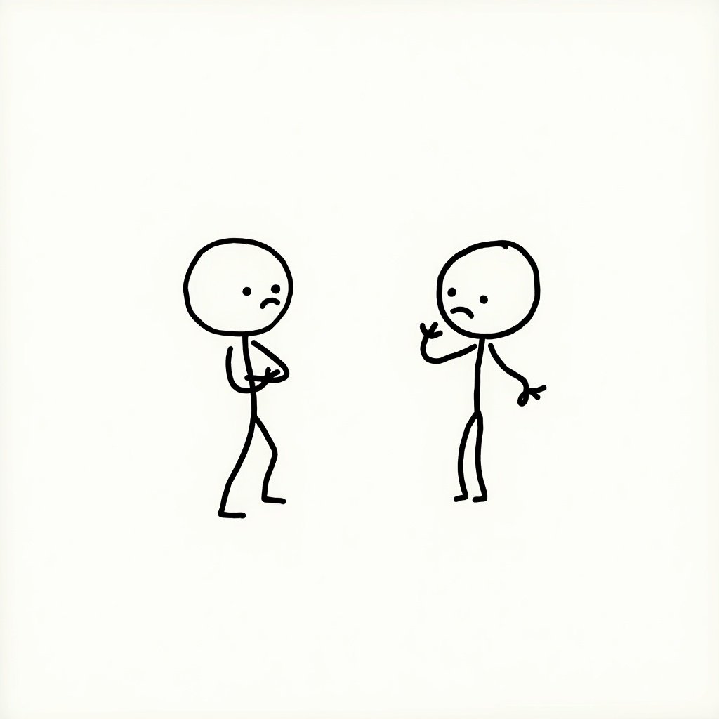 A doodle of two stick figures facing each other. Expressions suggest contemplation. One has arms crossed and a frown. Other has hands raised. Symbolizes passive-aggressive communication. Minimalistic style conveys emotional depth. Highlights value of direct communication.