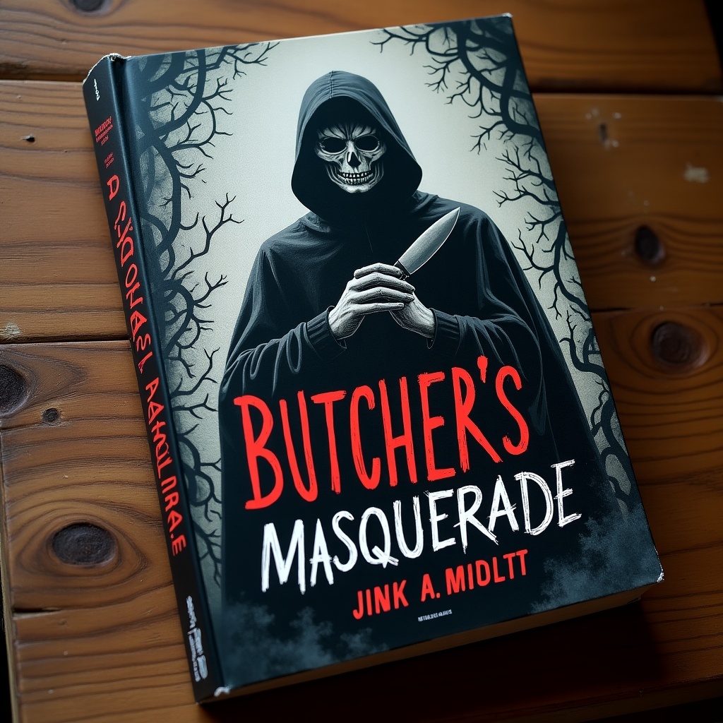 This image features a book titled 'Butcher’s Masquerade' by Jink A. Midltt. The cover design shows a sinister figure in a black cloak with a skull mask, holding a knife. The background features dark, twisted tree branches, enhancing its eerie appeal. The title is prominently displayed in bold red letters, contrasting with the monochromatic theme. This cover evokes a sense of mystery and intrigue, suitable for a horror or thriller genre novel.