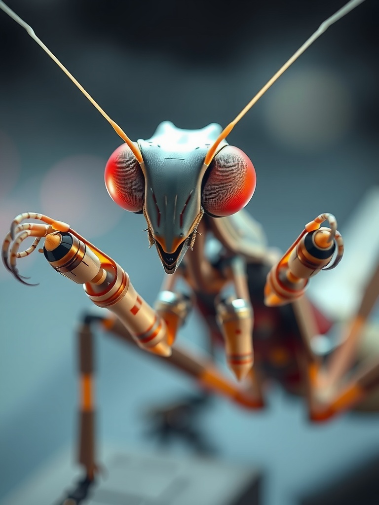 This digital artwork depicts a robotic mantis, blending the intricacy of insect anatomy with the precision of machinery. The mantis is rendered with metallic textures and mechanical joints, giving it an otherworldly appearance. The close-up perspective and muted background focus attention on the vibrant details of the creature's design, evoking awe and curiosity.