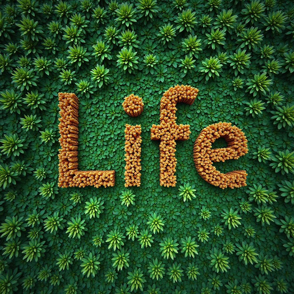 The word 'Life' is artistically formed with flowers against a lush green leafy background.