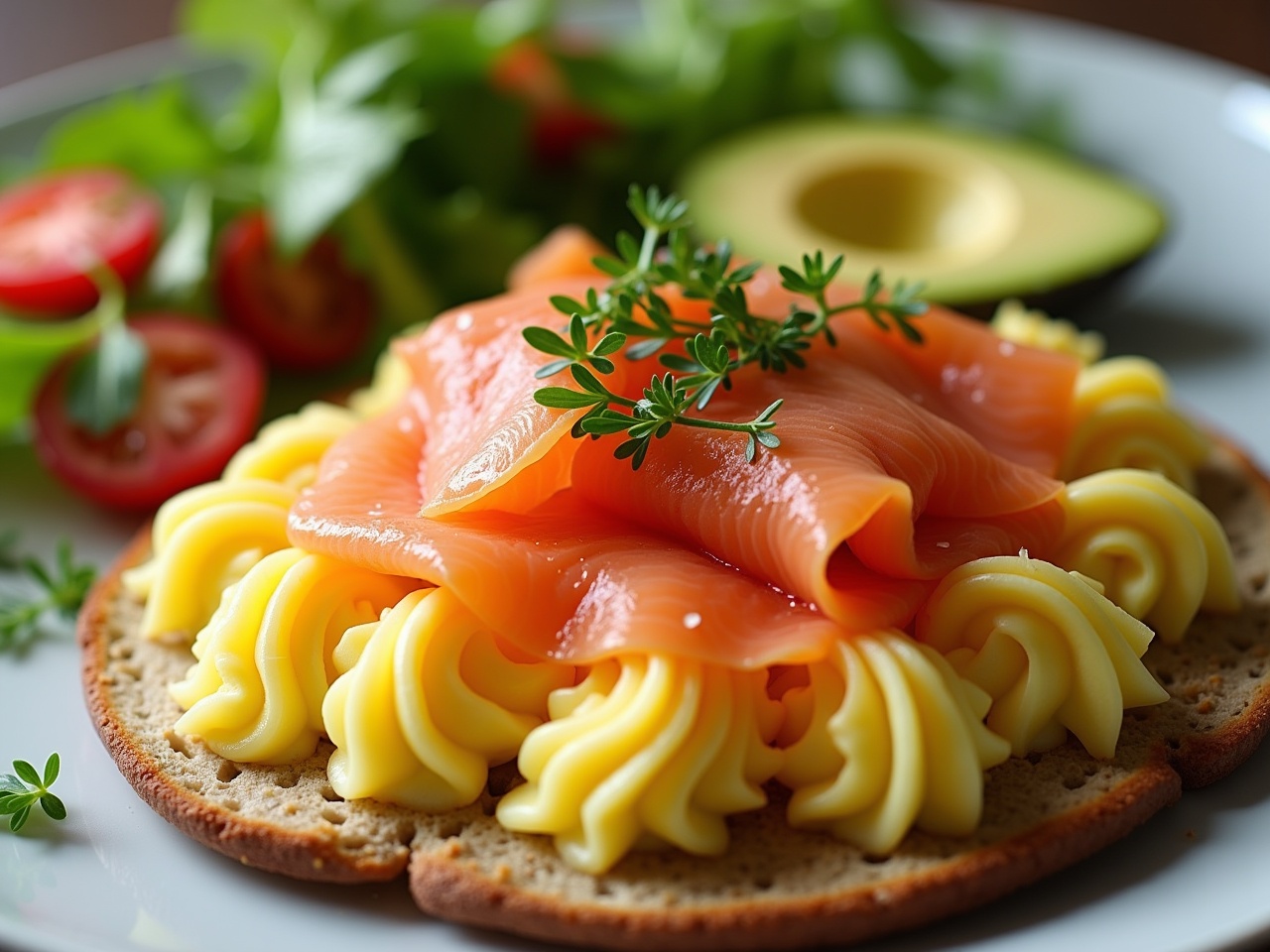 This image showcases a gourmet breakfast plate featuring scrambled eggs with stylish swirls of whipped mashed potatoes. Layered beautifully on top is delicate, smoked salmon, glistening with a hint of citrus. Complementing the dish are fresh avocado slices and a side of vibrant salad with ripe cherry tomatoes. The presentation is elegant and appetizing, appealing to those who appreciate high-quality food photography. Soft, natural lighting captures the textures of each ingredient, making it a stunning visual treat for any food lover.