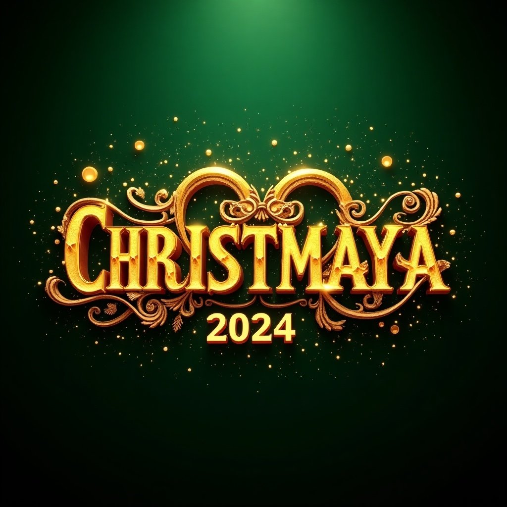 Richly embellished golden lettering for 'CHRISTMASAYA 2024'. Intricate designs are featured. Dark green background enhances the glowing particle effects.