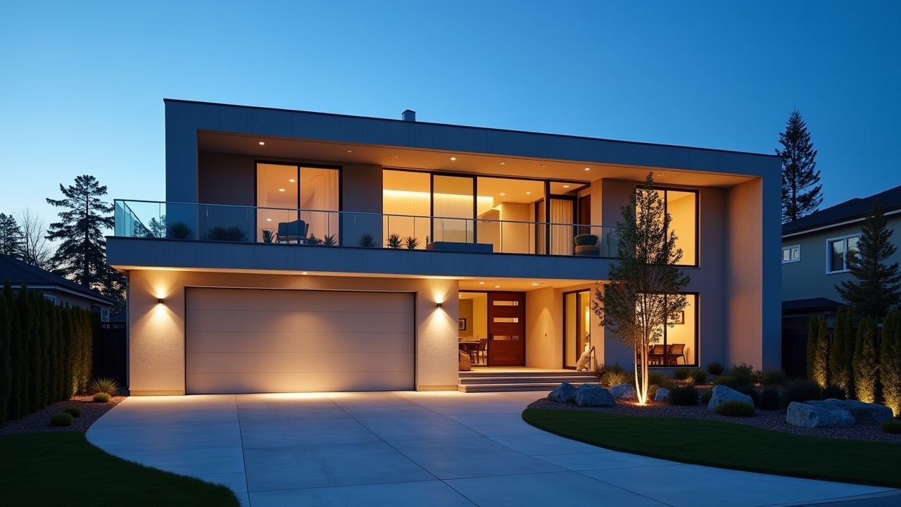 High detail modern multi-level house with concrete exterior. Illuminated by outdoor lighting during early evening. Features a large garage door and curved driveway. Landscaped area with a tree and grass. Architectural design is sleek and contemporary with clean lines and large windows. Sky is clear with a gradient from blue to darker shades.