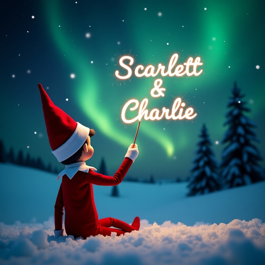 This image showcases an enchanting scene capturing an elf on the shelf positioned with its back to the viewer. The elf, dressed in a traditional red outfit, faces upwards towards a stunning dark sky filled with vibrant northern lights. With a magic wand in hand, it elegantly writes the names Scarlett and Charlie in sparkling letters against the backdrop. The snowy ground adds a serene touch to this magical moment. Overall, the atmosphere is filled with wonder and holiday joy, perfectly embodying the essence of Christmas.