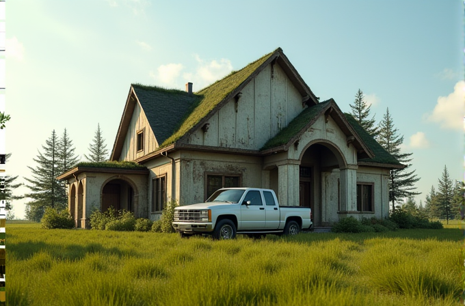 A weathered house with a grass-covered roof stands in a lush field, featuring a vintage white pickup truck parked in front, surrounded by tall trees under a clear blue sky.