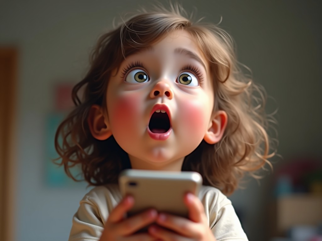 a child with an expression of wonder holding a smartphone, in soft and warm lighting, with an animated and exaggerated look