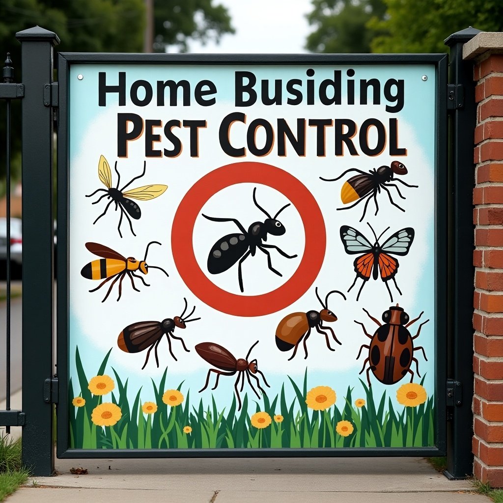 Pest control sign with illustrations of various insects. Bright colors used for visibility. The sign promotes pest control services for homes. Features common bugs like ants, bees, and butterflies. Clear graphics attract attention.