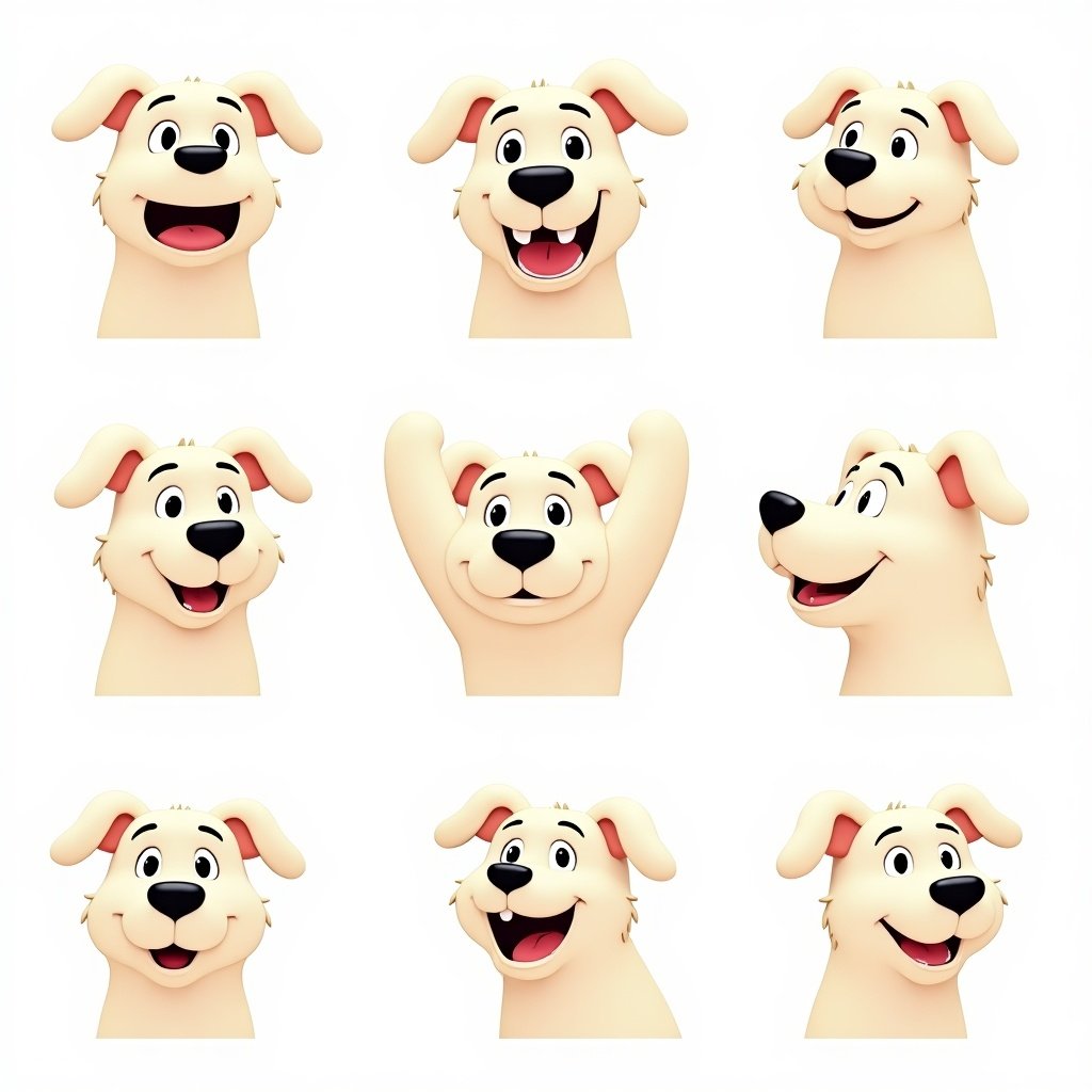 A cartoon dog showcases multiple expressions in a grid. Each facial expression is distinct and shows different emotions.