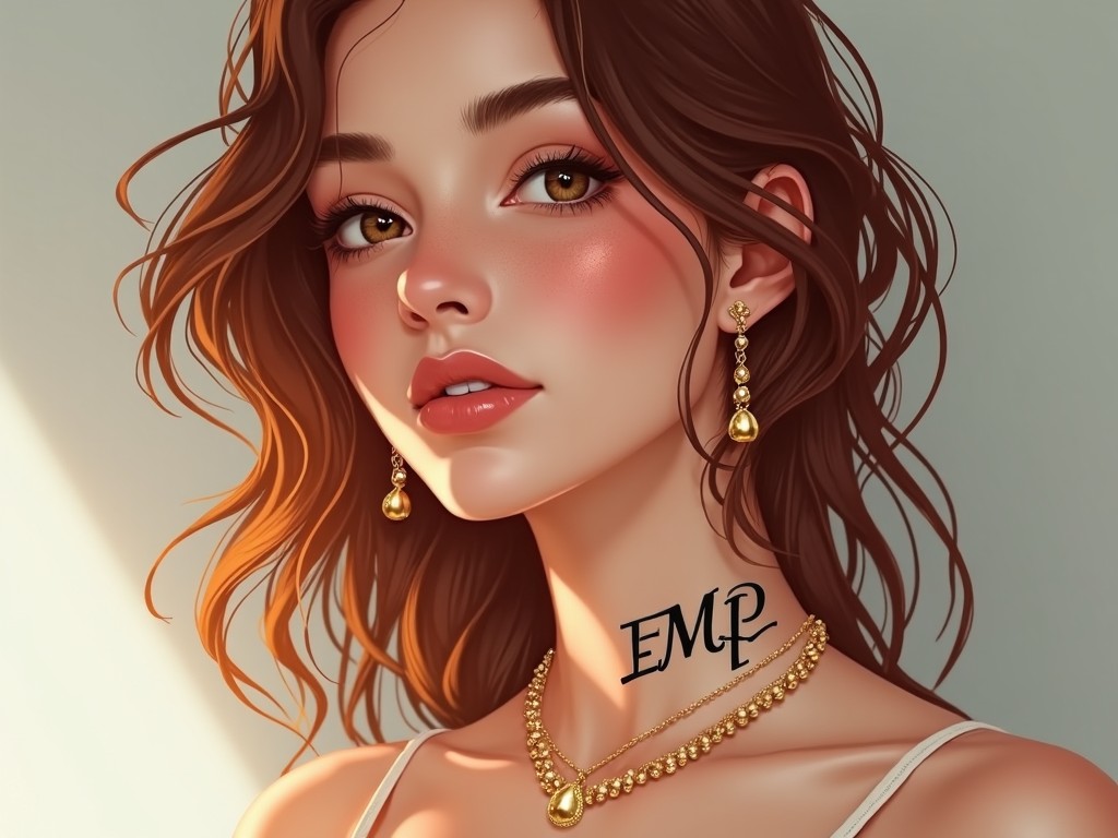 A digital art portrait of a young woman with gold jewelry, soft lighting, and a serene expression.