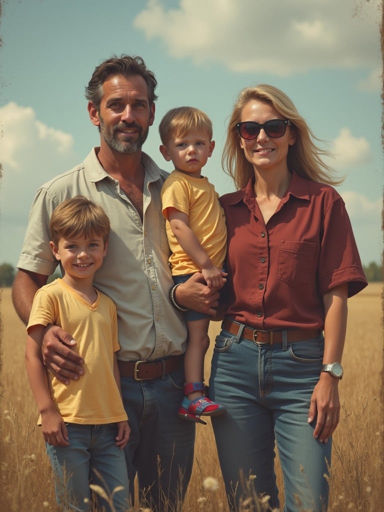 A father stands with a mother and two sons in a field. The family looks happy together. They wear casual clothing suitable for outdoor activities. The background shows a sunny day with a clear sky and fields. The parents are holding the children. All family members smile, creating a warm atmosphere.