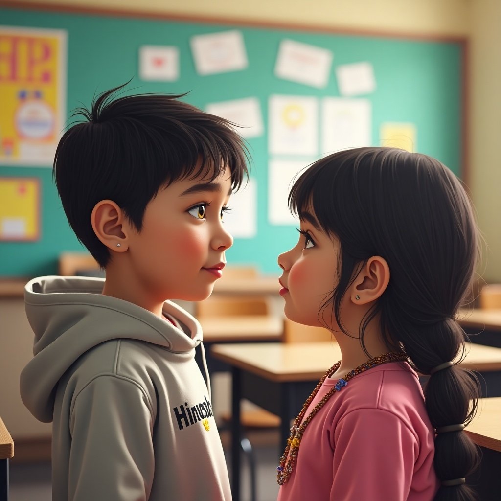 A kid in a grey sweatshirt looks at a girl in a pink outfit with necklaces in the classroom. The classroom has a warm atmosphere with educational material in the background. The boy's shirt says 'Hirusha'.