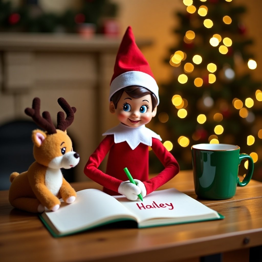 Image features an Elf on the Shelf in a festive setting. The elf is writing 'Hailey' in a notebook with a green pen. A reindeer toy and a green mug are nearby. The background has Christmas lights and a tree, creating a cheerful holiday mood.