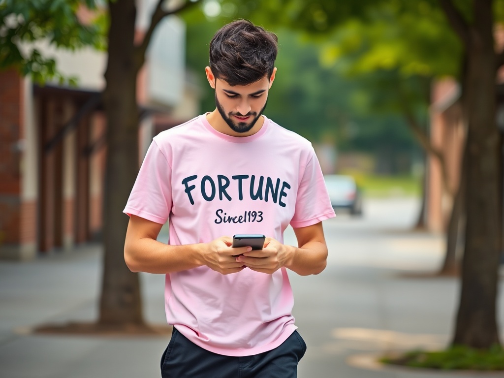 A young man walking outdoors, wearing a pink t-shirt and focused on his phone.