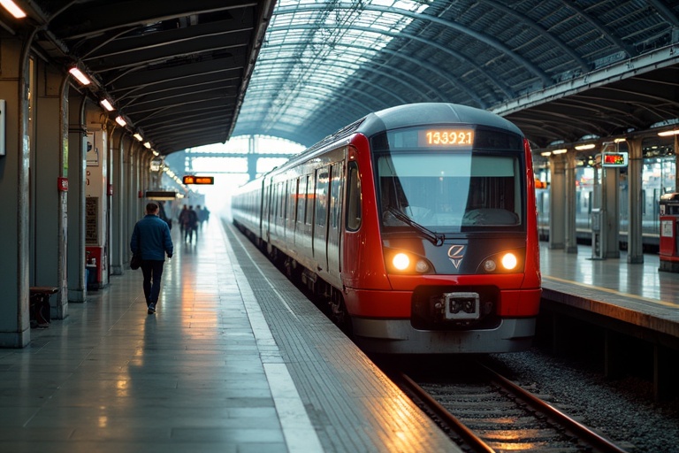 Photograph of a red train at a modern train station with an empty platform. The architecture showcases a high ceiling and large windows. A person walks towards the train.