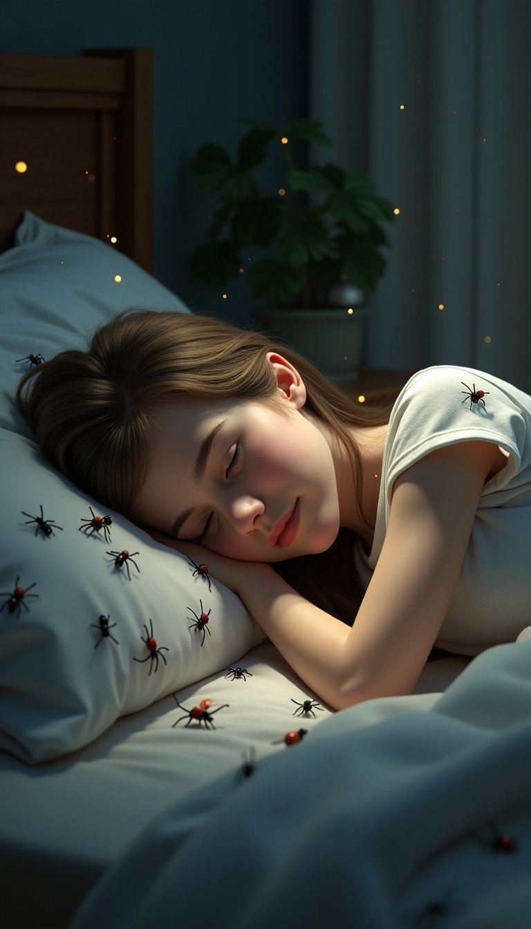 Highly detailed digital artwork showing a young person sleeping in a cozy bedroom. Insects and spiders are crawling around subtly. Various types of tiny insects are visible, some near the sleeper's face. Soft lighting enhances the textures and serene expression of the sleeper. Atmosphere feels calm but slightly unsettling.