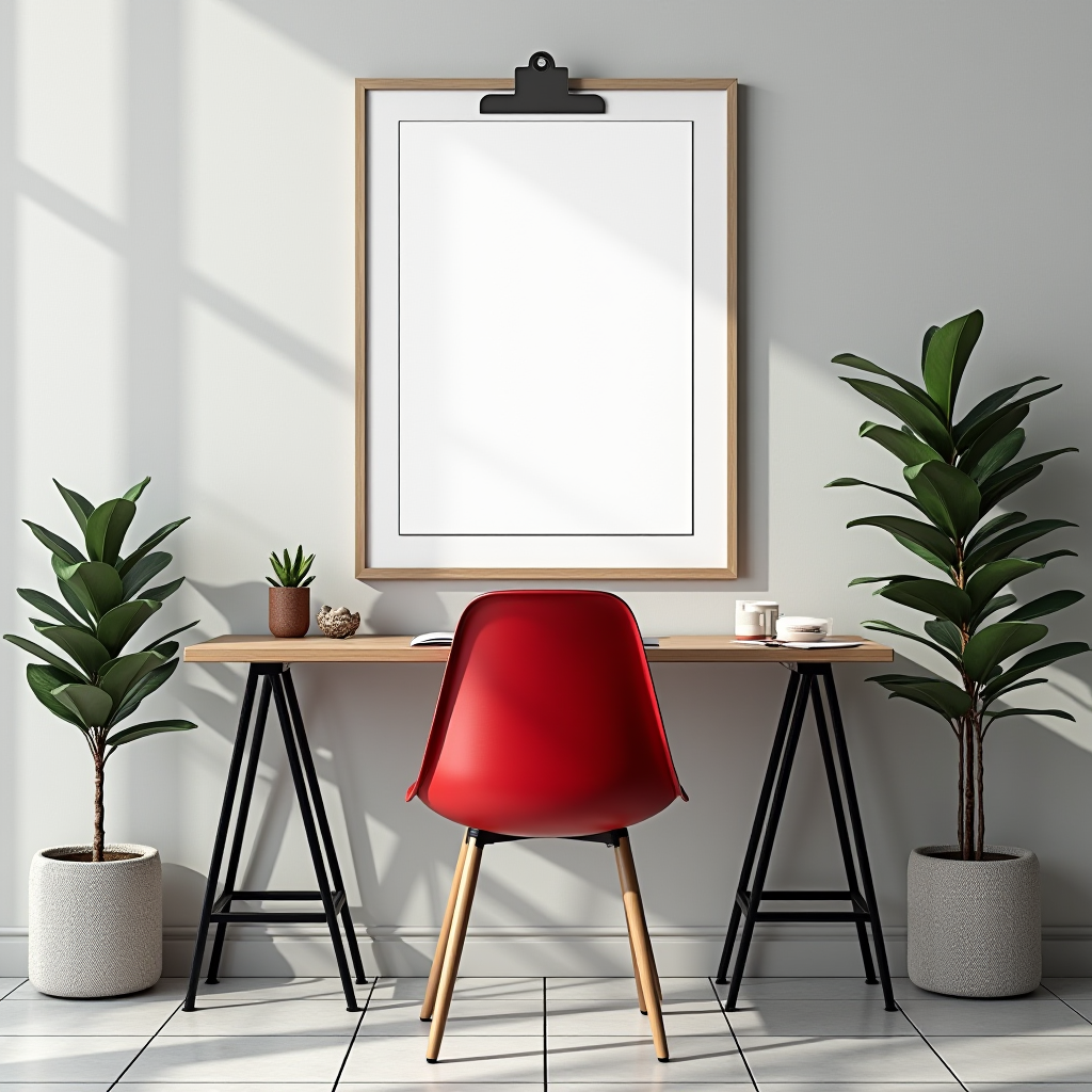 The image showcases a clean and minimalist workspace setup. A wooden desk with black metal A-frame legs stands against a light gray wall. On the desk, there are two small potted plants adding a touch of greenery, a closed notebook, and a couple of white mugs, suggesting a simple, clutter-free environment for productivity or creativity.

A striking red chair with wooden legs is placed in front of the desk, providing a vibrant contrast to the neutral tones of the room. Above the desk, a large blank white board is framed and appears to be ready for brainstorming or decoration. Two tall, lush indoor plants in gray pots flank the desk, completing the serene and inviting atmosphere of the workspace.