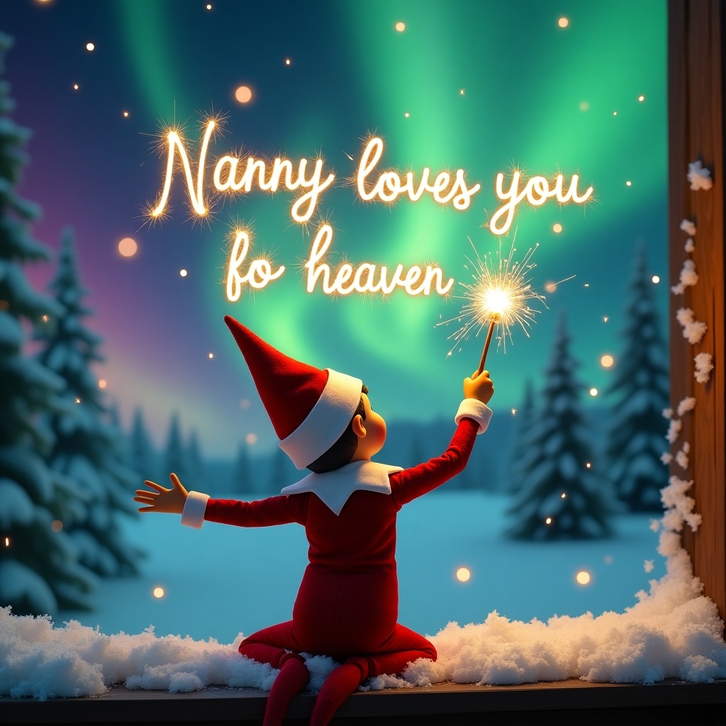 Enchanting Christmas scene with elf on the shelf facing the sky. Elf dressed in red and white holds a magic wand. Sparkler script says 'Nanny loves you from heaven'. Vibrant northern lights in backdrop. Festive atmosphere with a whimsical twist.