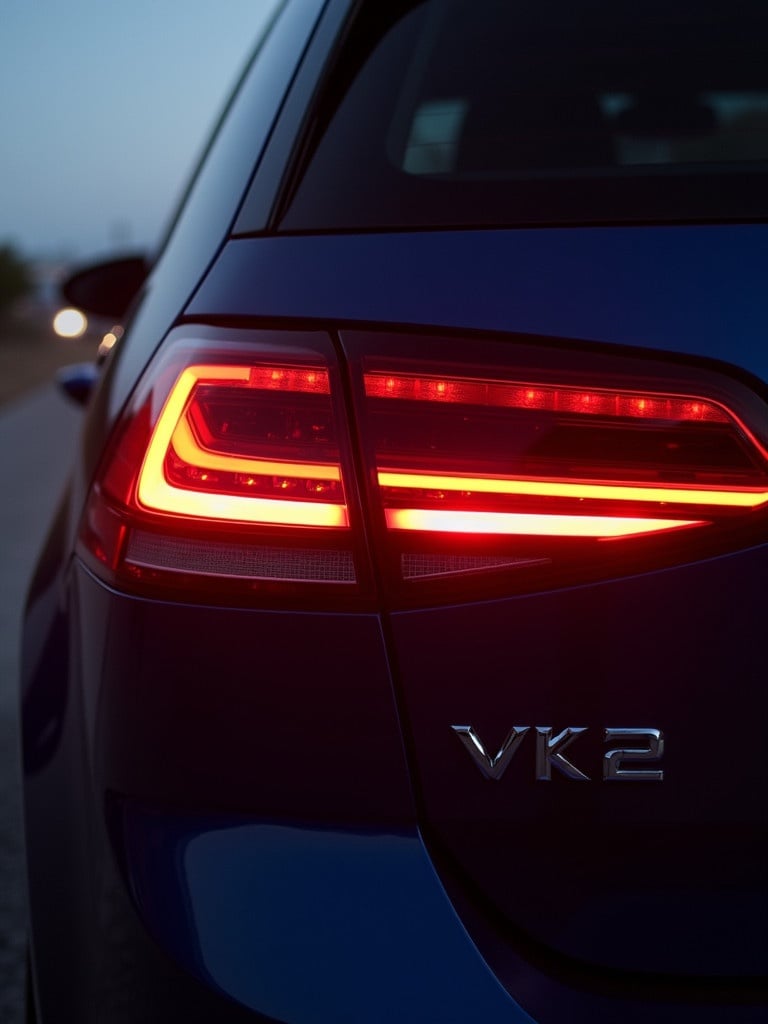 Close-up view of VW Golf MK2 car tail light. Tail light features futuristic LED design. Car parked on roadside at dusk. Blue color body of the car. Focus on illuminated elements.