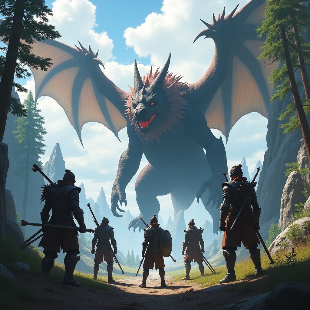 An epic scene with hunters preparing for battle against a massive creature. Hunters equipped with unique weapons and armor showcase diverse skills. Dramatic landscape features towering trees and jagged rocks. Creature with fearsome wings dominates the skyline. Image captures thrill and adventure of Monster Hunter universe.