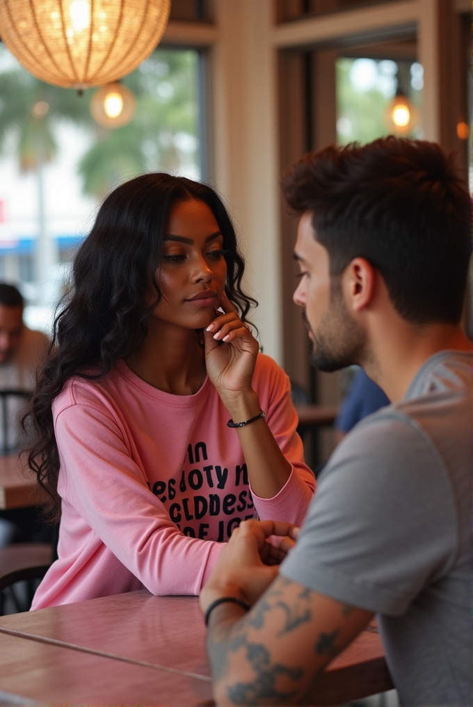 A woman in a pink sweater and a man with a tattoo engage in a deep conversation at a cafe table.