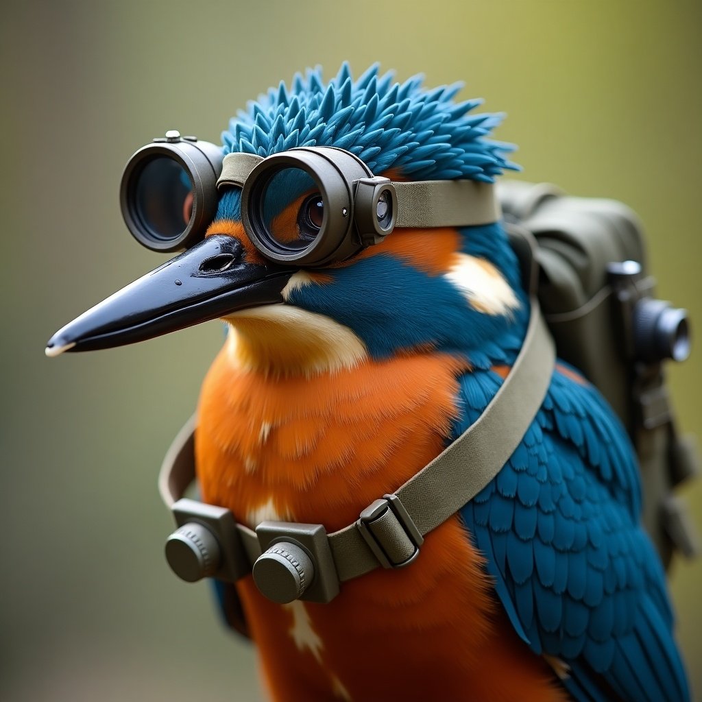 This image features a creatively designed kingfisher bird adorned with unique night vision goggles, showcasing its vibrant blue and orange plumage. The bird also wears a tactical backpack, merging military elements with wildlife aesthetics. The colors are vivid, emphasizing the beauty of nature while incorporating a playful touch. Drawing inspiration from Russian folk art, the design adds an interesting cultural context. The background is softly blurred to keep the focus on the kingfisher's whimsical attire and details, evoking a sense of adventure and fun.