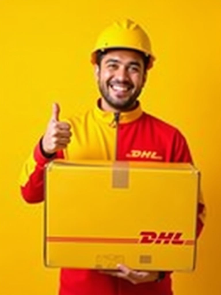 DHL worker in yellow and red uniform giving a thumbs up while holding a delivery box. Bright yellow background enhances visibility and cheeriness.