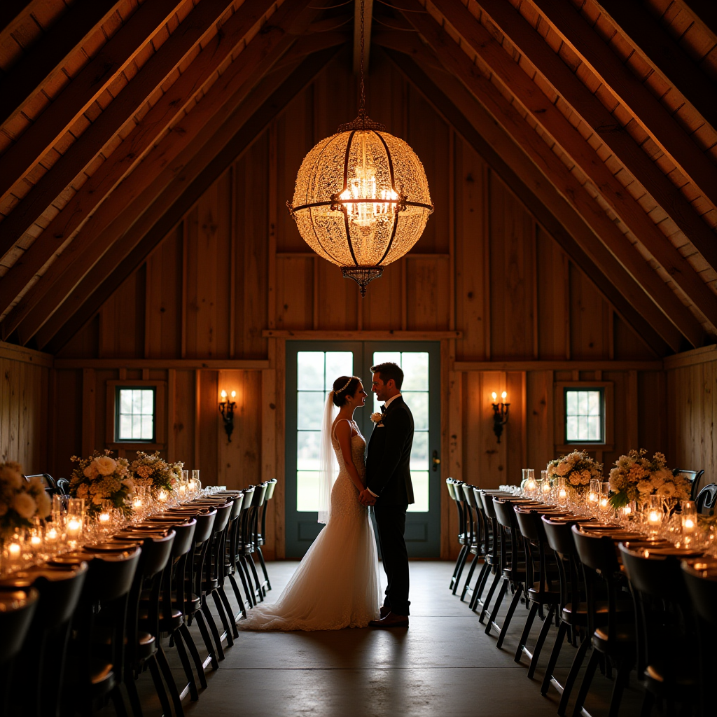 A couple stands romantically in a warmly-lit rustic barn setting, surrounded by elegantly set tables.