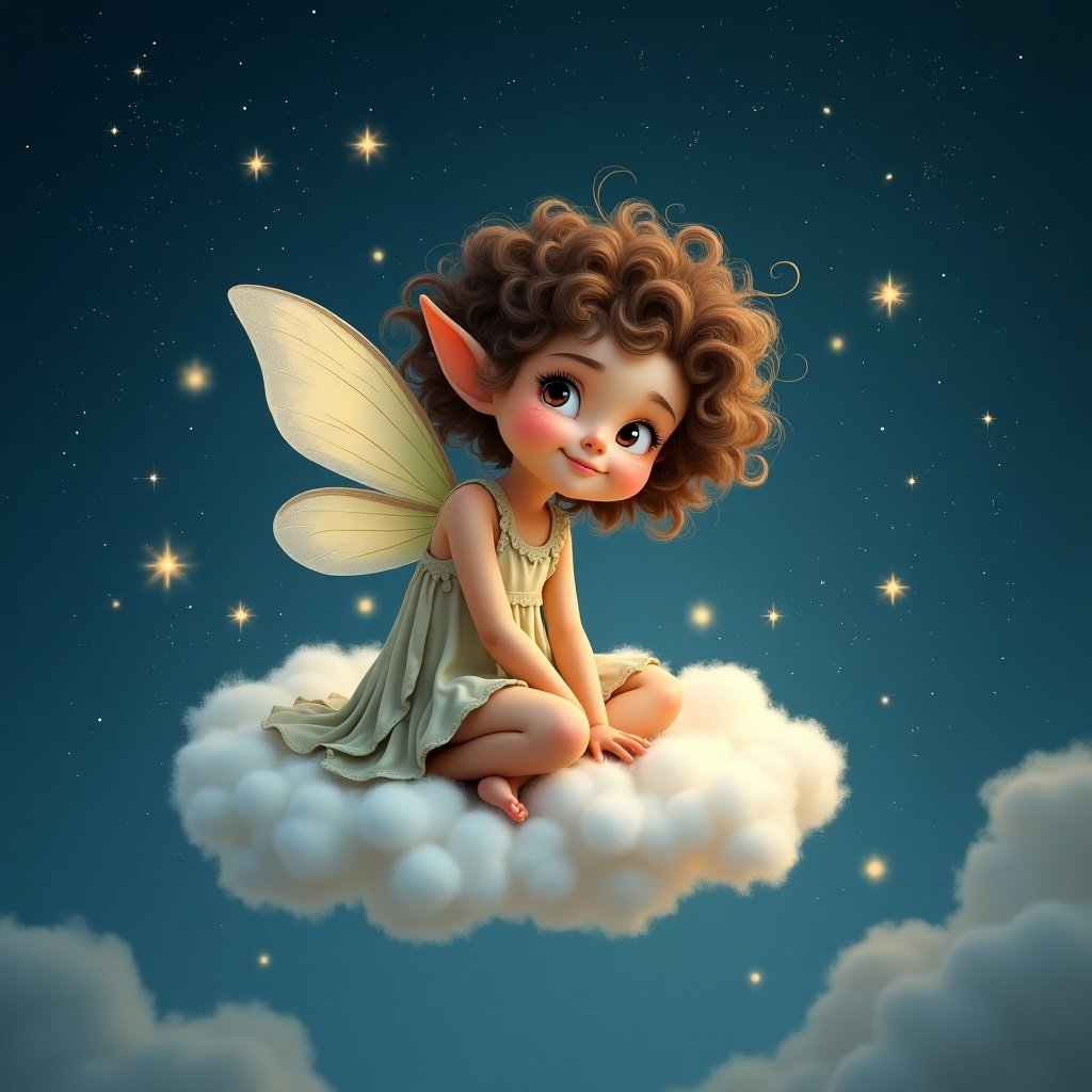 Whimsical image of a pixie elf girl named Fee with curly brown hair and brown eyes sitting on a cloud at night. Background shows a starry sky. Cloud surrounded by sparkles. The elf has delicate wings with one wing damaged, wearing a simple dress. Evokes feelings of wonder and magic.