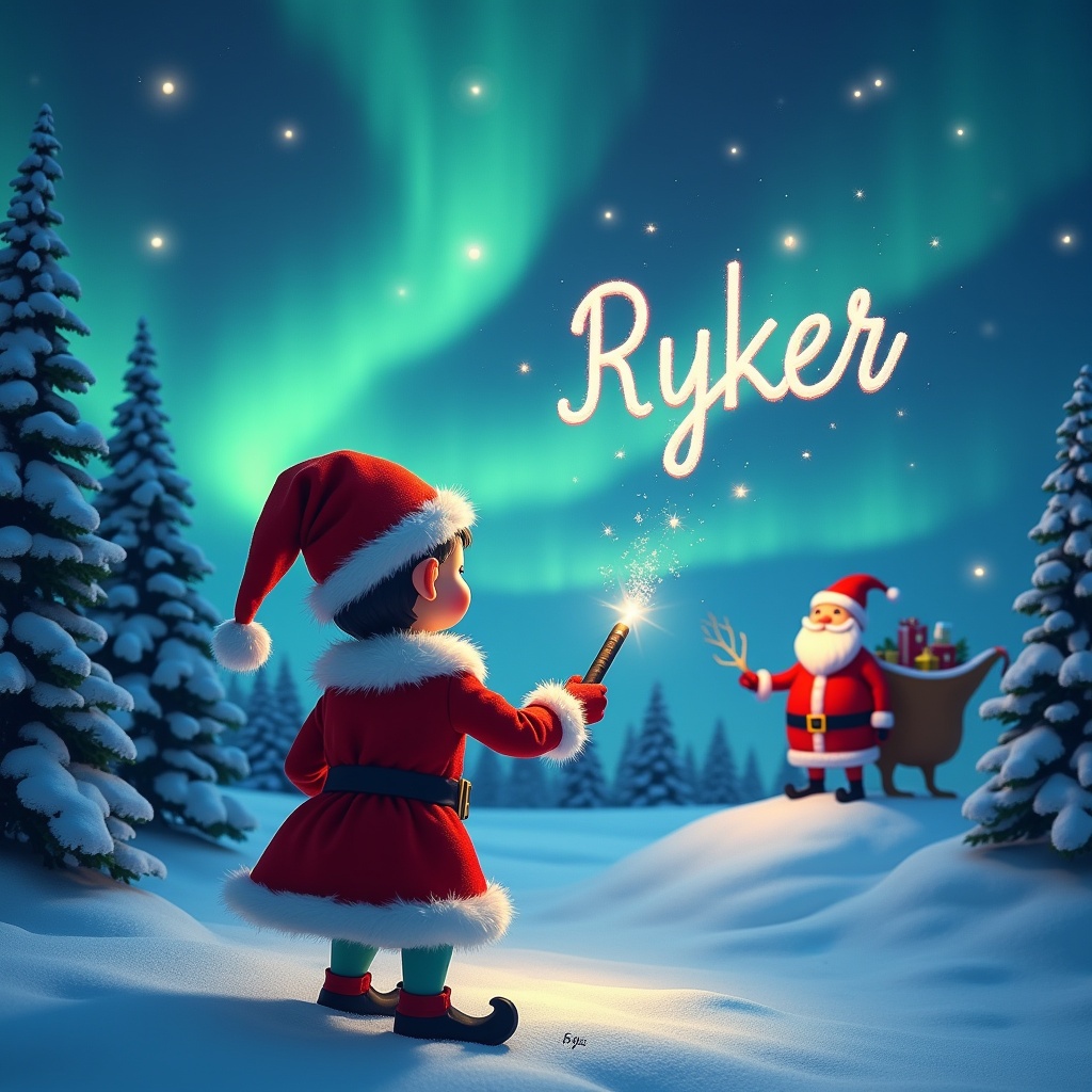 Elf backs to image. Elf faces sky. Elf uses wand to write names. Background is magical Christmas scene with northern lights. Santa Claus is visible. Ryker is written in sky.